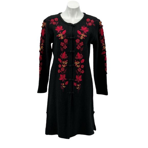 Coldwater Creek Women's Wool Sweater Coat M Long Embroidered Holiday Black Red - Picture 1 of 13